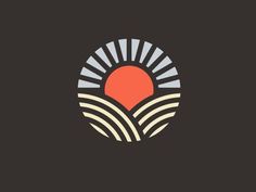 the sun is setting over an open field in this minimalistic logo for a farm