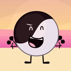 a black and white ball with arms and legs standing in front of a pink background