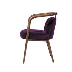 an upholstered purple chair with wooden arms