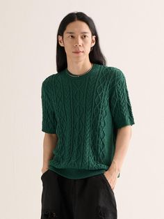 This is a casual and minimal top by Analogmood that is made out of high quality and sturdy material. With distinctive mood of the design and comfortable wear, you can use it for your daily outfit.- Premium boucle fabric with soft touch- Sturdy fit with high elastic fabric- Cable knit pattern overall Green Soft Knit Top With Relaxed Fit, Green Relaxed Fit Soft Knit Top, Versatile Textured Knit Crew Neck Top, Modern Green Top For Fall, Modern Green Tops For Fall, Versatile Crew Neck Textured Knit Tops, Modern Green Fall Tops, Relaxed Fit Short Sleeve Sweater For Layering, Green Textured Knit Cotton Tops