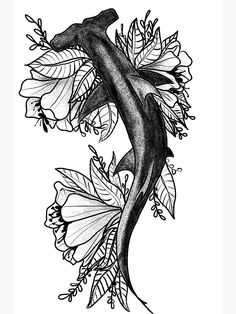 an ink drawing of a lizard with leaves and flowers