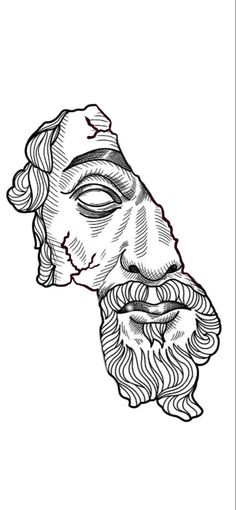 a black and white drawing of a man's face with a beard on it