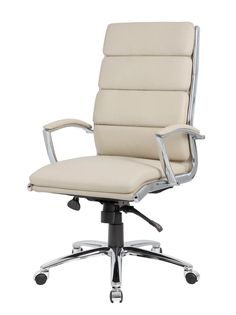 a white office chair with chrome legs and armrests on an isolated white background