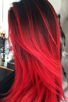 Briliant Barsts of Red Cherry Ombre Hair, Dark Red Hair Color, Red Ombre Hair, Dyed Red Hair, Hair Color Crazy, Dark Red Hair, Bright Red Hair, Ombré Hair, Red Ombre