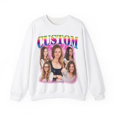 Custom Photo Bootleg Girlfriend Rainbow 90s Retro Vintage Sweatshirt, Face for Boyfriend Birthday Gift on Sweatshirt, Bootleg Tee 💫Ideal for any situation, a unisex heavy blend crewneck sweatshirt is pure comfort. 💫 Made with a medium-heavy fabric blend of 50% cotton and 50% polyester, this sweatshirt feels cozy and is the perfect choice for those colder months. 💫 Made using 100% ethically grown US cotton. Gildan is also a proud member of the US Cotton Trust Protocol ensuring ethical and sust Gift Ideas Men, 90s Sweatshirt, Retro Sweatshirts, Rap Tee, I Love My Wife, 90s Retro, Boyfriend Birthday, Grandparent Gifts, Birthday Gifts For Boyfriend