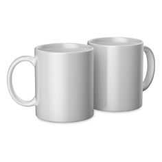 two white coffee mugs sitting next to each other on a white surface with shadows