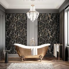 an elegant bathroom with marble walls and flooring, including a claw foot bathtub