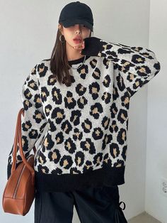 Multicolor Casual Collar Manga hasta la Muñeca Lana Peinada Estampado de Leopardo,Estampado Integral,Estampado en Textura Pullovers Embellished Estiramiento medio Women Sweaters, Sleeve Sweater, All Over Print, Long Sleeve Sweater, Women Clothing, Leopard Print, Length Sleeve, Knitwear, Sleeve Length