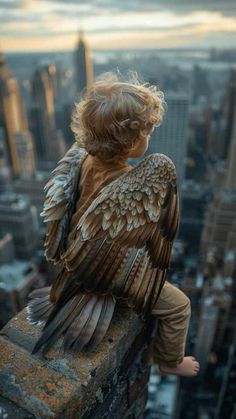 a little boy sitting on top of a tall building with an angel wings back view