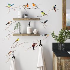 the bathroom is decorated with birds and branches