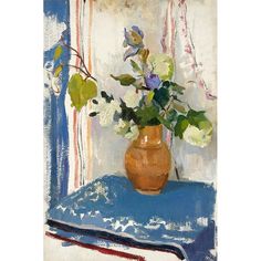 a painting of white and blue flowers in a vase on a table with an open book