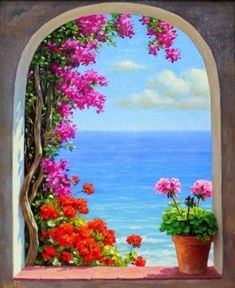 an open window with flowers on it and the ocean in the background, painted by person