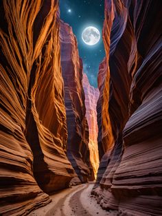 the moon shines brightly in the night sky over an empty slot between two canyons