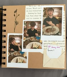 a scrapbook with pictures of people eating food and writing on the pages that have been altered