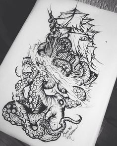 an octopus and ship tattoo design on paper