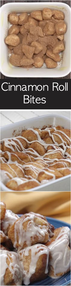 cinnamon roll bites with icing in a baking dish and on a blue platter