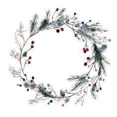 a watercolor wreath with berries and pine cones