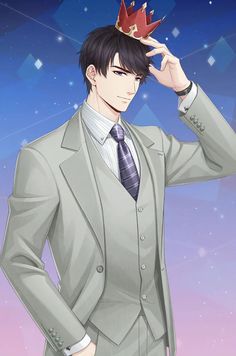 a man in a suit and tie with a crown on his head is holding his hand to his forehead