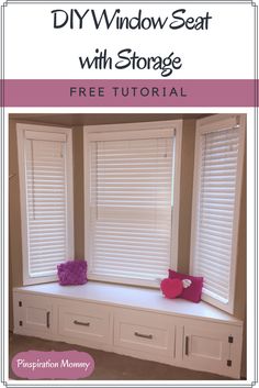 a window seat with storage in front of it and the words diy window seat with storage