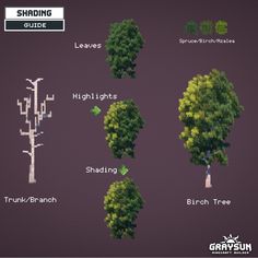 several different types of trees with text describing the names and description for each tree in this game