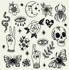 an assortment of tattoos and flowers on a white background with the word love written in it