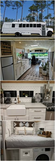 the inside and outside of a house that is white with wood flooring, cabinets, stove top oven, refrigerator, sink, microwave and dishwasher