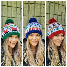 three pictures of a woman with blonde hair wearing a multicolored knitted hat