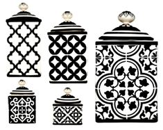 four black and white canisters with decorative designs on the top one has a ball at the top