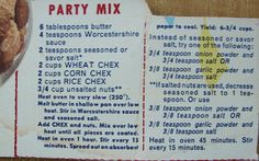 a recipe for party mix on a cardboard box