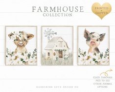 three farm animals in front of a white background with the words farmhouse collection on it