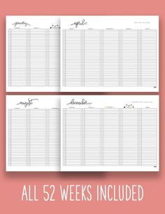 three printable planner pages with the text, all 52 week's included on them