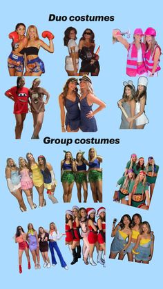 many different pictures of women in bathing suits and swimsuits, with the words group costumes on them