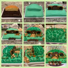 a collage of photos showing different types of cakes in the shape of a house