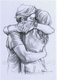 a drawing of two people hugging each other with one holding the other's head