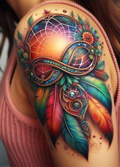 #TattooArt #InkLife #BodyArt #TattooInspiration #InkedUp #TattooLove #TattooedWomen #TattooedMen #InkCommunity #TattooStories Dream Catcher Tattoo Design Unique, Tattoo Ideas For Kids Names, Dream Catcher Tattoos, Tattoo Colors, Blessed Tattoos, Colour Tattoo For Women, Sunflower Tattoo Sleeve, Dream Catcher Tattoo Design, Colorful Tattoos