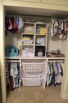 the closet is full of baby's clothes and other things to put in it