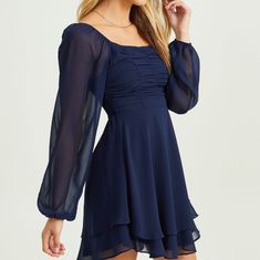 Achieve The Cute And Casual Look You're Going For With The Boho Mini Dress Navy Blue Smock Top In The Back Sheer Sleeves Pull On Style Pit To Pit 16.5 In 33 In Long New With Tag Lori Dress, Confirmation Dresses, Mini Babydoll Dress, Brooklyn Dress, Square Neckline Dress, Babydoll Dresses, Altard State Dresses, Blue Long Sleeve Dress, Navy Blue Long Sleeve