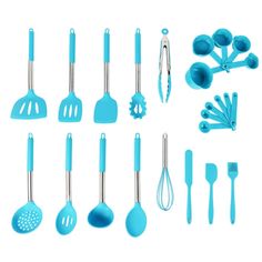 blue kitchen utensils and spatulas on a white background