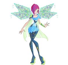 a drawing of a fairy with purple hair and green wings, standing in front of a white background