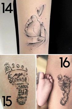 four different tattoos on the arms and legs, each with an image of a baby's foot