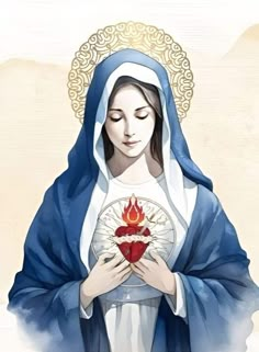 the virgin mary holding a heart in her hands