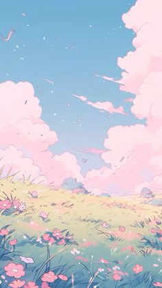 the sky is filled with clouds and pink flowers