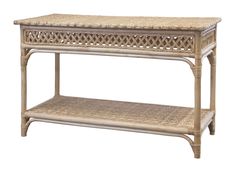 a wooden table with wicker top and shelf