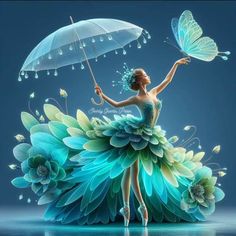 a woman in a blue dress holding an umbrella and a butterfly flying over her head