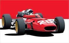 a red race car on a white and red background