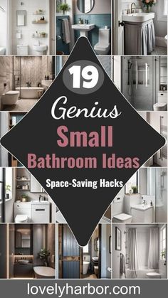 bathroom decor with the words genius small bathroom ideas space saving hacks in black and white