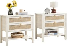 two white nightstands with wicker baskets on each side and a lamp next to them