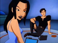 an animated woman sitting on the floor next to a man with a tablet in his lap