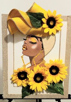 a woman with sunflowers on her head is shown in the shape of a frame