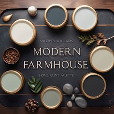 modern farmhouse home paint palettes on a tray with pine cones, nuts and leaves